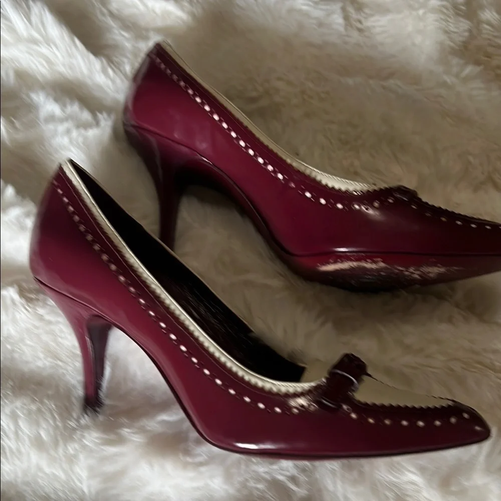 Tory Burch Burgundy and Cream Buckle Heels 9